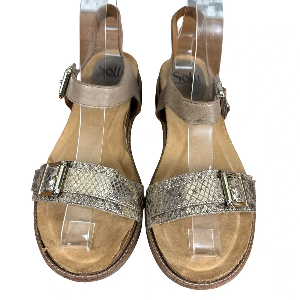 Sofft Leather Beige Gold Ankle Strap Sandals Low Wedge Open Toe Shoes sz 8 M